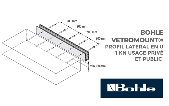 profil lateral en u pour garde-corps en verre bohle vetromount 