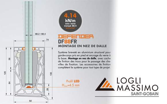 Profil de sol garde-corps en verre DF88FR Defender