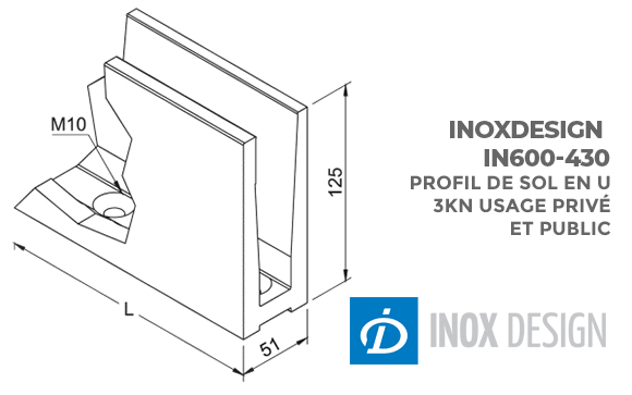 dimensions profil garde-corps en verre inoxdesign IN600-430