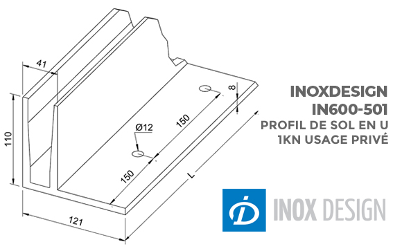 dimensions profil de sol 1KN en F garde-corps en verre inoxdesign IN600-501 