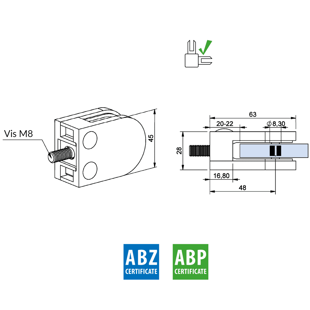 pince à verre M02 pour garde corps en verre feuilleté